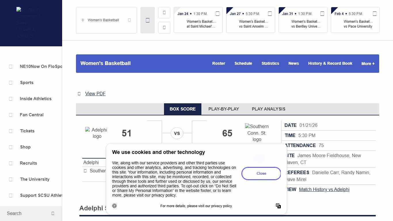 Women's Basketball vs Adelphi University on 1/21/2026 - Box Score - Southern Connecticut State University Athletics