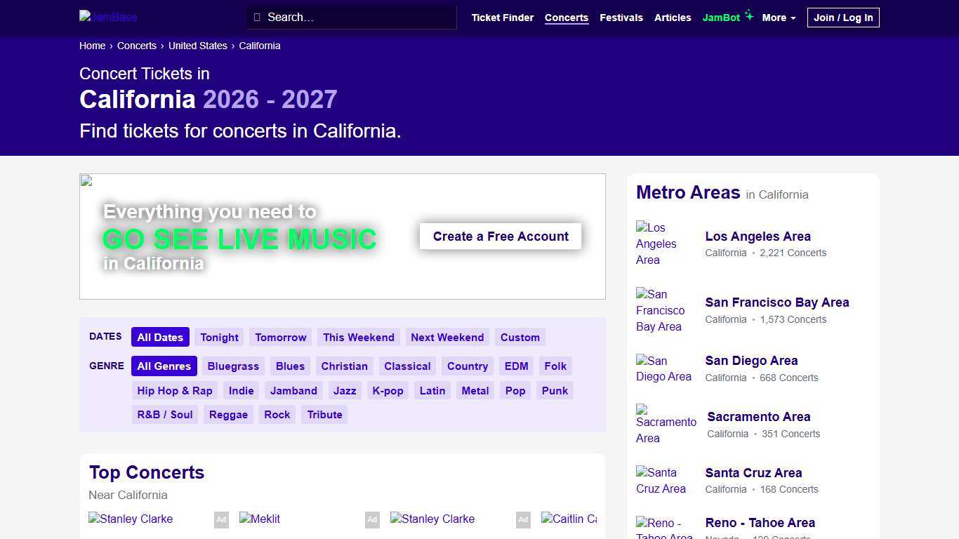 California Concert Tickets 2026 - 2027 JamBase